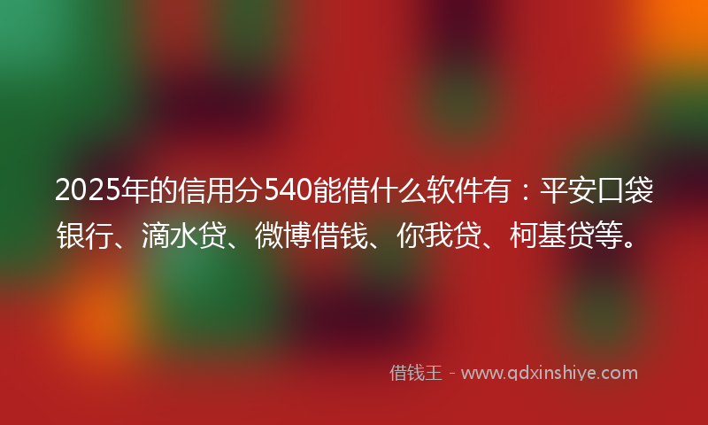 2025年的信用分540能借什么软件有：平安口袋银行、滴水贷、微博借钱、你我贷、柯基贷等。