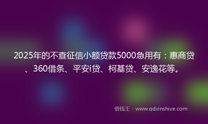 2025年的不查征信小额贷款5000急用有：惠商贷、360借条、平安i贷、柯基贷、安逸花等。