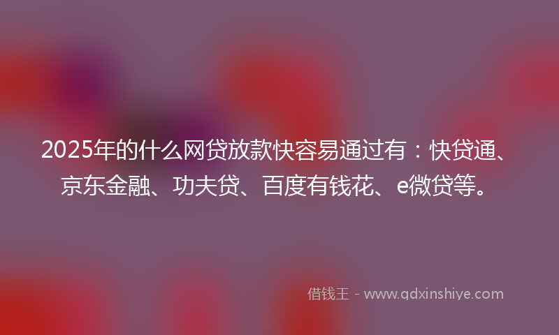 2025年的什么网贷放款快容易通过有：快贷通、京东金融、功夫贷、百度有钱花、e微贷等。