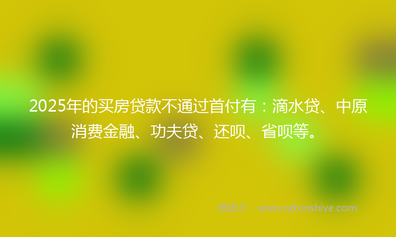2025年的买房贷款不通过首付有：滴水贷、中原消费金融、功夫贷、还呗、省呗等。