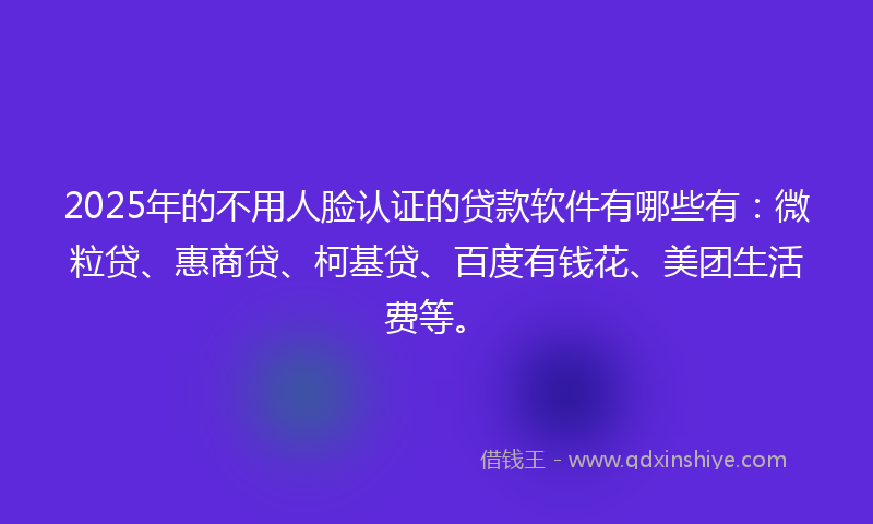 2025年的不用人脸认证的贷款软件有哪些有：微粒贷、惠商贷、柯基贷、百度有钱花、美团生活费等。