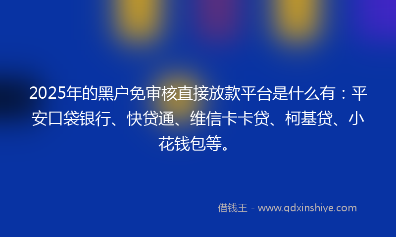 2025年的黑户免审核直接放款平台是什么有：平安口袋银行、快贷通、维信卡卡贷、柯基贷、小花钱包等。