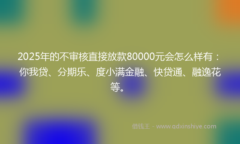 2025年的不审核直接放款80000元会怎么样有：你我贷、分期乐、度小满金融、快贷通、融逸花等。
