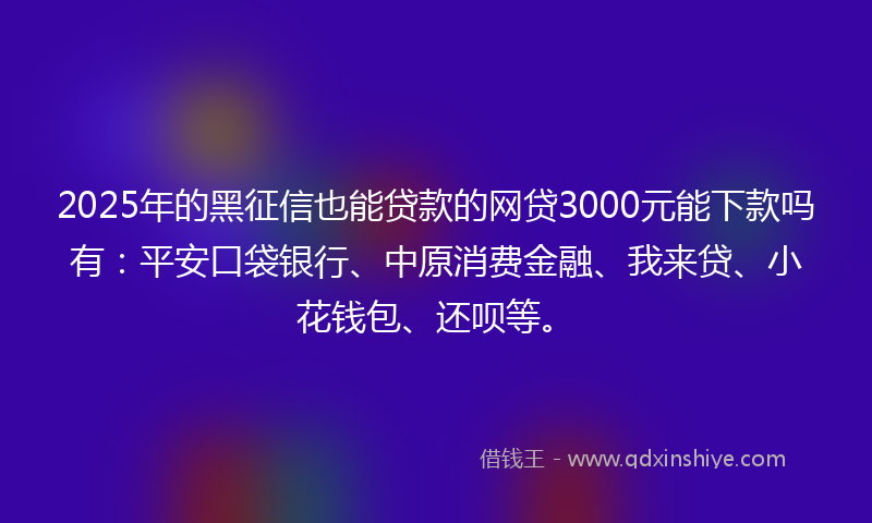2025年的黑征信也能贷款的网贷3000元能下款吗有：平安口袋银行、中原消费金融、我来贷、小花钱包、还呗等。