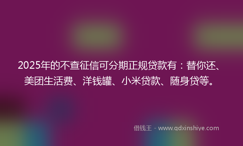 2025年的不查征信可分期正规贷款有：替你还、美团生活费、洋钱罐、小米贷款、随身贷等。