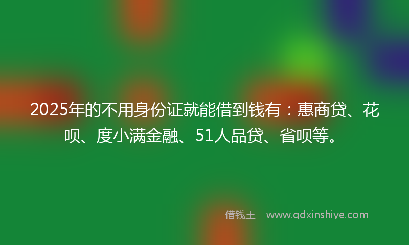 2025年的不用身份证就能借到钱有：惠商贷、花呗、度小满金融、51人品贷、省呗等。