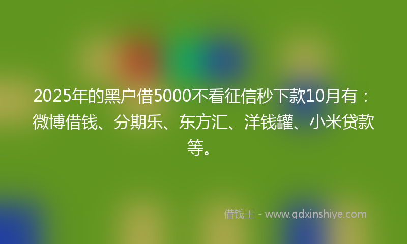 2025年的黑户借5000不看征信秒下款10月有：微博借钱、分期乐、东方汇、洋钱罐、小米贷款等。