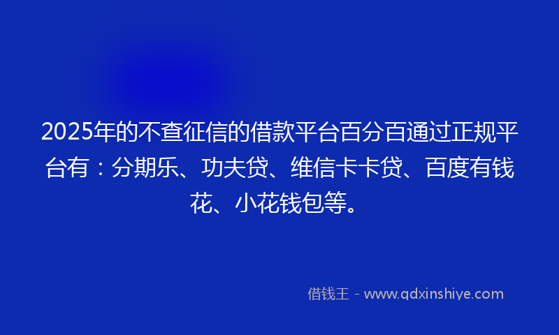 2025年的不查征信的借款平台百分百通过正规平台有：分期乐、功夫贷、维信卡卡贷、百度有钱花、小花钱包等。