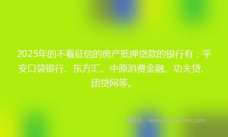 2025年的不看征信的房产抵押贷款的银行有：平安口袋银行、东方汇、中原消费金融、功夫贷、团贷网等。