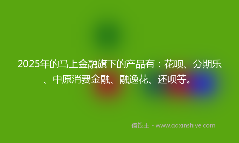 2025年的马上金融旗下的产品有：花呗、分期乐、中原消费金融、融逸花、还呗等。