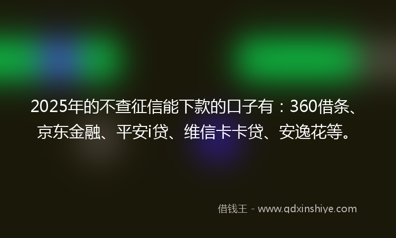 2025年的不查征信能下款的口子有：360借条、京东金融、平安i贷、维信卡卡贷、安逸花等。