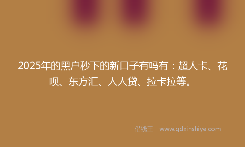 2025年的黑户秒下的新口子有吗有：超人卡、花呗、东方汇、人人贷、拉卡拉等。