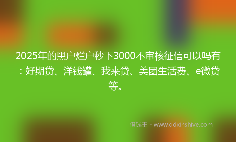 2025年的黑户烂户秒下3000不审核征信可以吗有：好期贷、洋钱罐、我来贷、美团生活费、e微贷等。