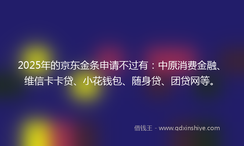2025年的京东金条申请不过有：中原消费金融、维信卡卡贷、小花钱包、随身贷、团贷网等。