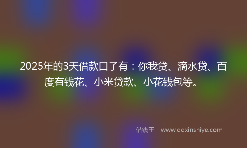 2025年的3天借款口子有：你我贷、滴水贷、百度有钱花、小米贷款、小花钱包等。