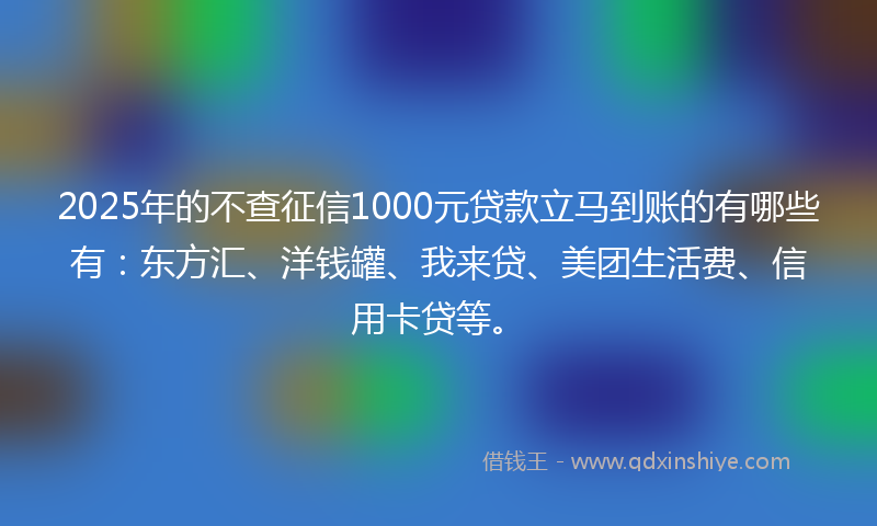 2025年的不查征信1000元贷款立马到账的有哪些有：东方汇、洋钱罐、我来贷、美团生活费、信用卡贷等。