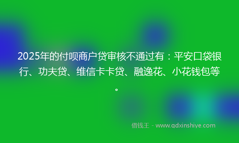 2025年的付呗商户贷审核不通过有：平安口袋银行、功夫贷、维信卡卡贷、融逸花、小花钱包等。