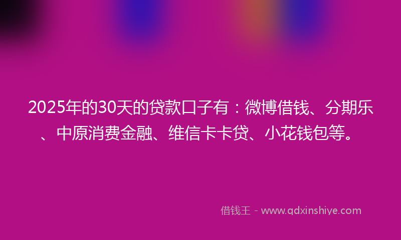 2025年的30天的贷款口子有：微博借钱、分期乐、中原消费金融、维信卡卡贷、小花钱包等。