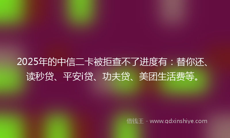 2025年的中信二卡被拒查不了进度有：替你还、读秒贷、平安i贷、功夫贷、美团生活费等。