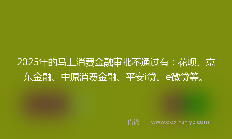 2025年的马上消费金融审批不通过有：花呗、京东金融、中原消费金融、平安i贷、e微贷等。