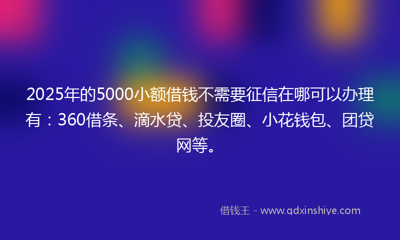 2025年的5000小额借钱不需要征信在哪可以办理有：360借条、滴水贷、投友圈、小花钱包、团贷网等。
