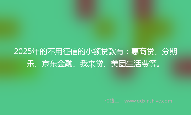 2025年的不用征信的小额贷款有：惠商贷、分期乐、京东金融、我来贷、美团生活费等。
