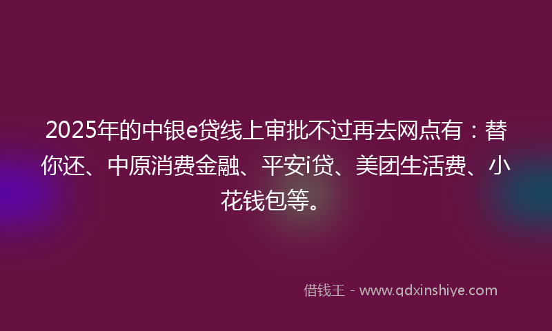 2025年的中银e贷线上审批不过再去网点有：替你还、中原消费金融、平安i贷、美团生活费、小花钱包等。
