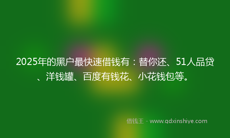 2025年的黑户最快速借钱有：替你还、51人品贷、洋钱罐、百度有钱花、小花钱包等。
