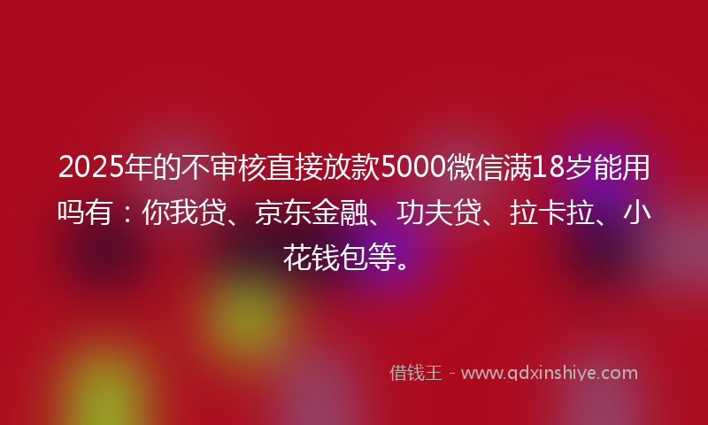 2025年的不审核直接放款5000微信满18岁能用吗有：你我贷、京东金融、功夫贷、拉卡拉、小花钱包等。
