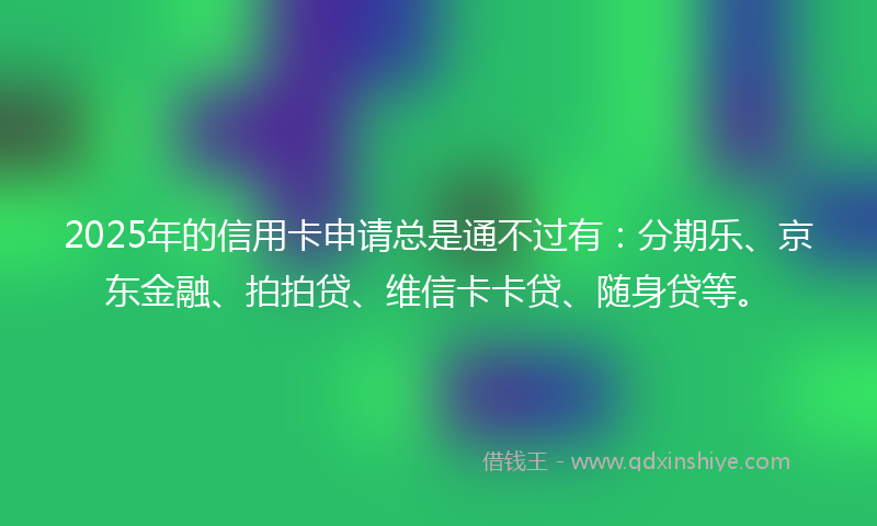 2025年的信用卡申请总是通不过有：分期乐、京东金融、拍拍贷、维信卡卡贷、随身贷等。