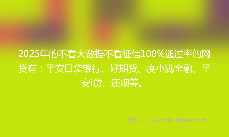 2025年的不看大数据不看征信100%通过率的网贷有：平安口袋银行、好期贷、度小满金融、平安i贷、还呗等。
