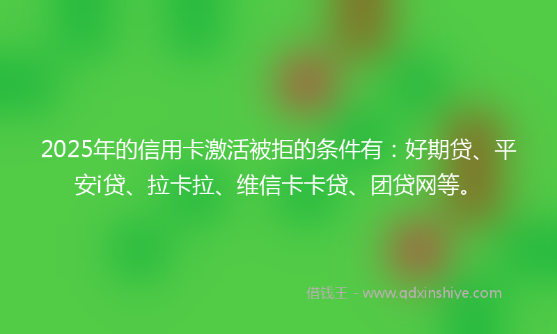 2025年的信用卡激活被拒的条件有：好期贷、平安i贷、拉卡拉、维信卡卡贷、团贷网等。