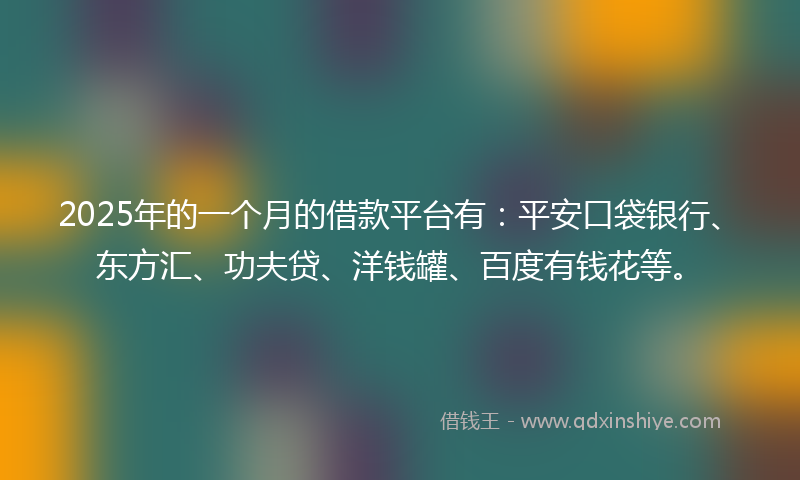 2025年的一个月的借款平台有：平安口袋银行、东方汇、功夫贷、洋钱罐、百度有钱花等。
