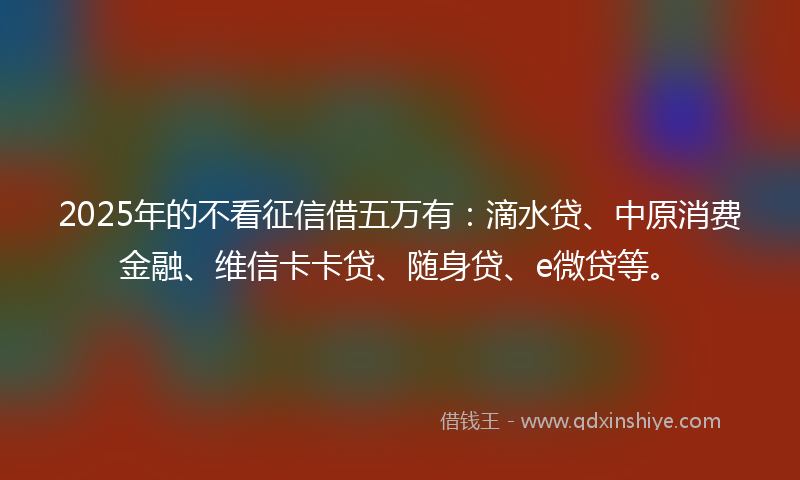 2025年的不看征信借五万有：滴水贷、中原消费金融、维信卡卡贷、随身贷、e微贷等。