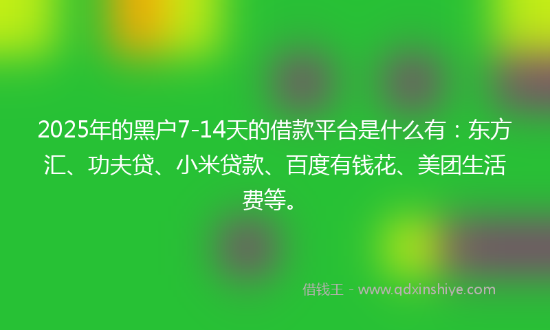 2025年的黑户7-14天的借款平台是什么有：东方汇、功夫贷、小米贷款、百度有钱花、美团生活费等。