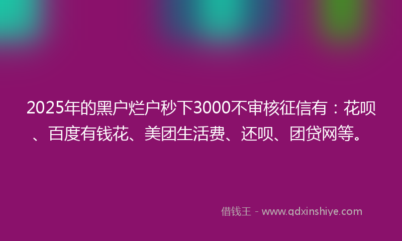 2025年的黑户烂户秒下3000不审核征信有：花呗、百度有钱花、美团生活费、还呗、团贷网等。