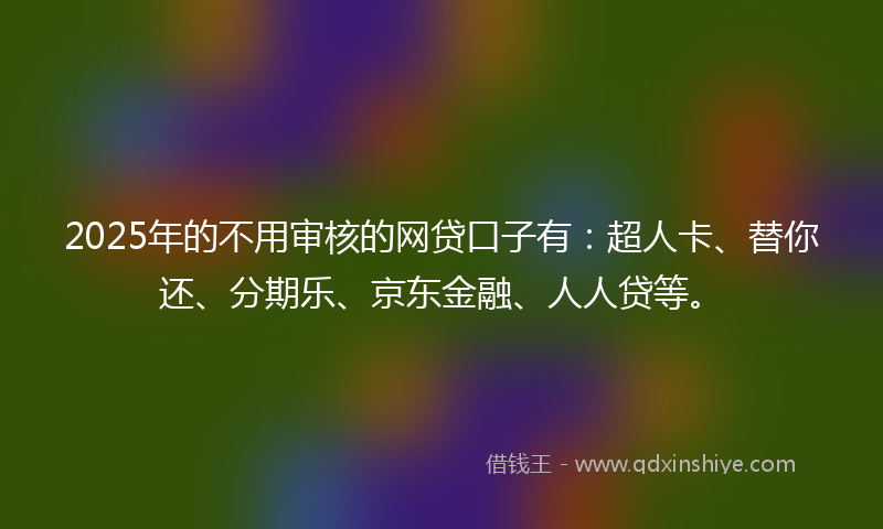 2025年的不用审核的网贷口子有：超人卡、替你还、分期乐、京东金融、人人贷等。