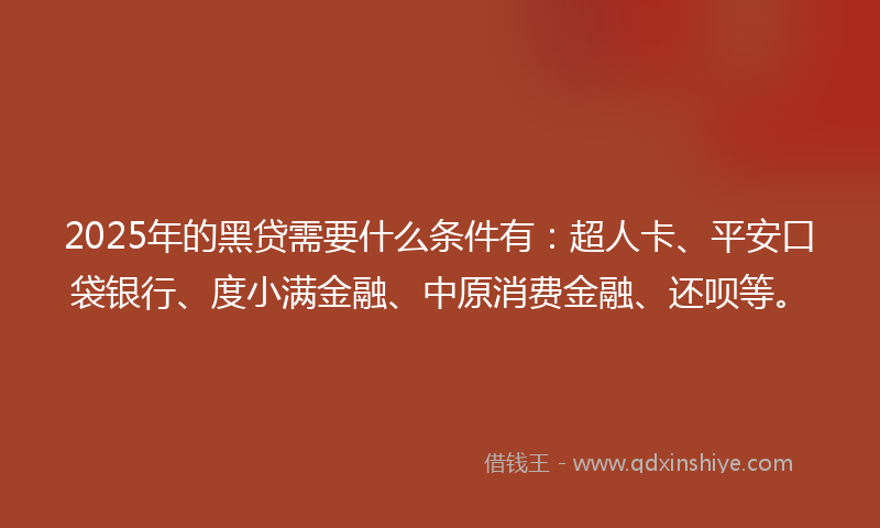 2025年的黑贷需要什么条件有：超人卡、平安口袋银行、度小满金融、中原消费金融、还呗等。