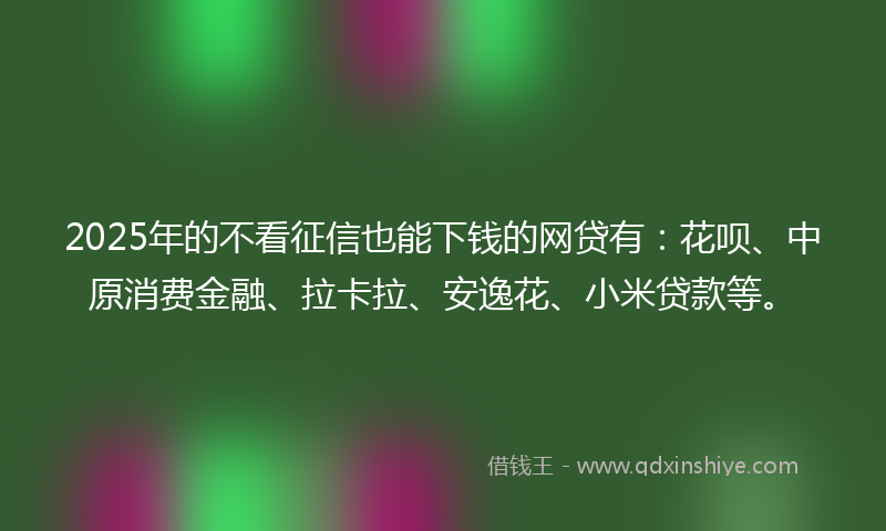 2025年的不看征信也能下钱的网贷有：花呗、中原消费金融、拉卡拉、安逸花、小米贷款等。