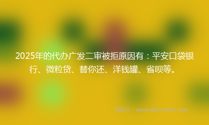 2025年的代办广发二审被拒原因有：平安口袋银行、微粒贷、替你还、洋钱罐、省呗等。