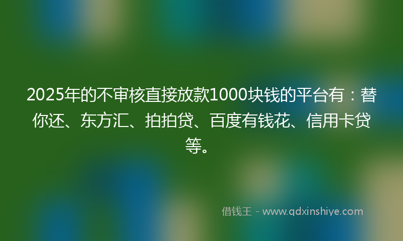 2025年的不审核直接放款1000块钱的平台有：替你还、东方汇、拍拍贷、百度有钱花、信用卡贷等。