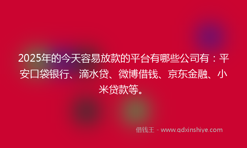2025年的今天容易放款的平台有哪些公司有：平安口袋银行、滴水贷、微博借钱、京东金融、小米贷款等。