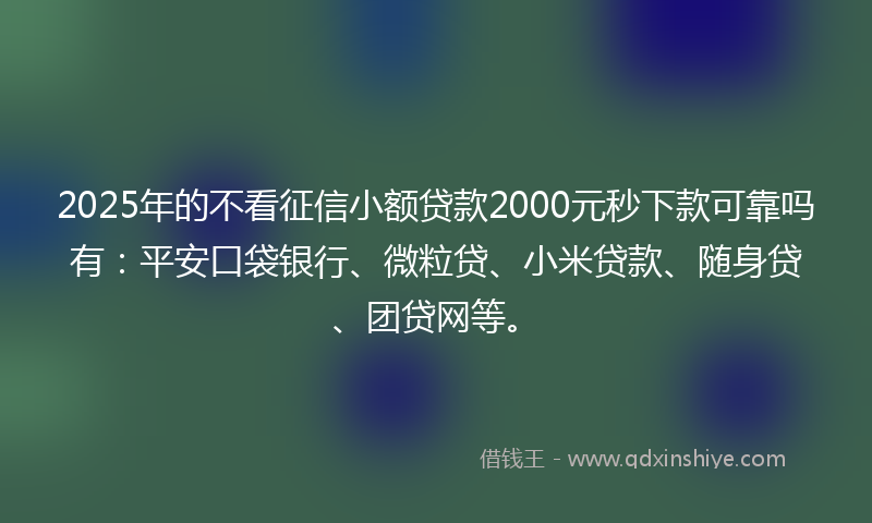 2025年的不看征信小额贷款2000元秒下款可靠吗有：平安口袋银行、微粒贷、小米贷款、随身贷、团贷网等。