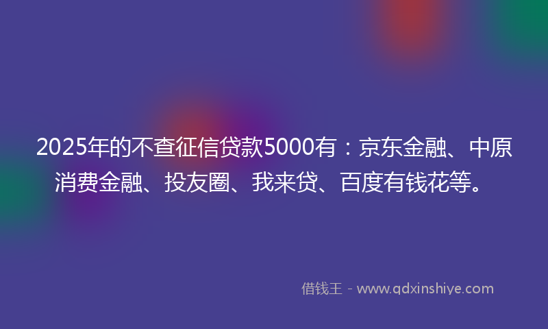2025年的不查征信贷款5000有：京东金融、中原消费金融、投友圈、我来贷、百度有钱花等。
