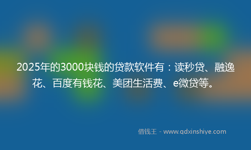 2025年的3000块钱的贷款软件有：读秒贷、融逸花、百度有钱花、美团生活费、e微贷等。