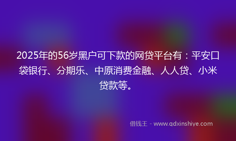 2025年的56岁黑户可下款的网贷平台有：平安口袋银行、分期乐、中原消费金融、人人贷、小米贷款等。