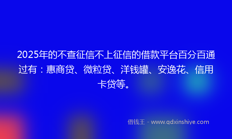 2025年的不查征信不上征信的借款平台百分百通过有：惠商贷、微粒贷、洋钱罐、安逸花、信用卡贷等。