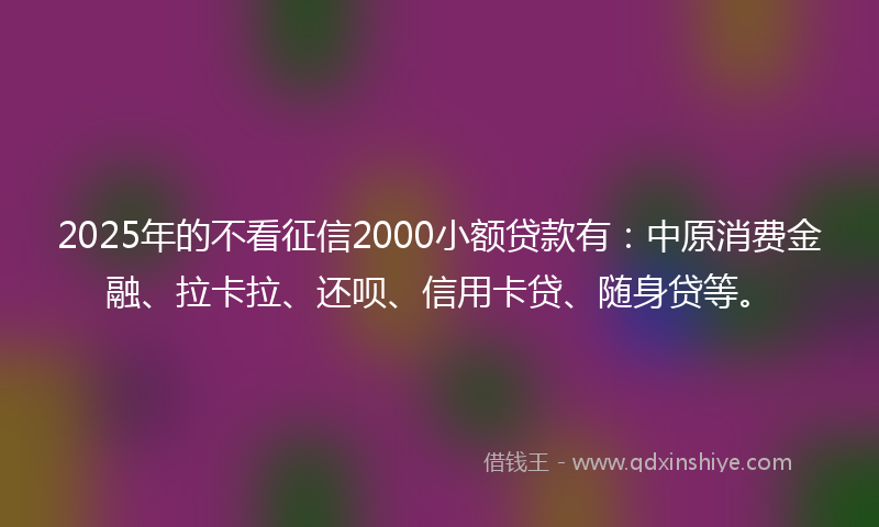 2025年的不看征信2000小额贷款有：中原消费金融、拉卡拉、还呗、信用卡贷、随身贷等。