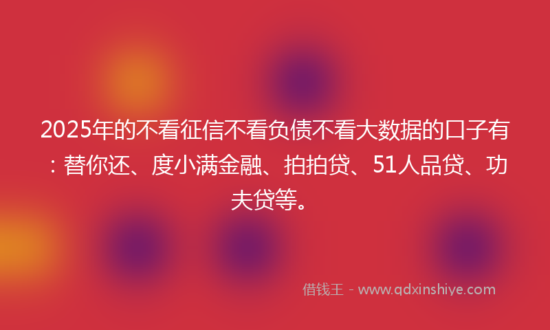 2025年的不看征信不看负债不看大数据的口子有：替你还、度小满金融、拍拍贷、51人品贷、功夫贷等。