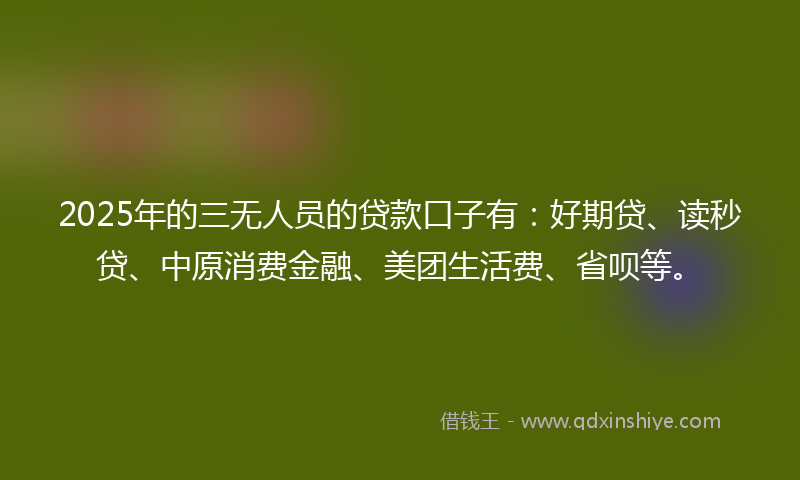 2025年的三无人员的贷款口子有：好期贷、读秒贷、中原消费金融、美团生活费、省呗等。